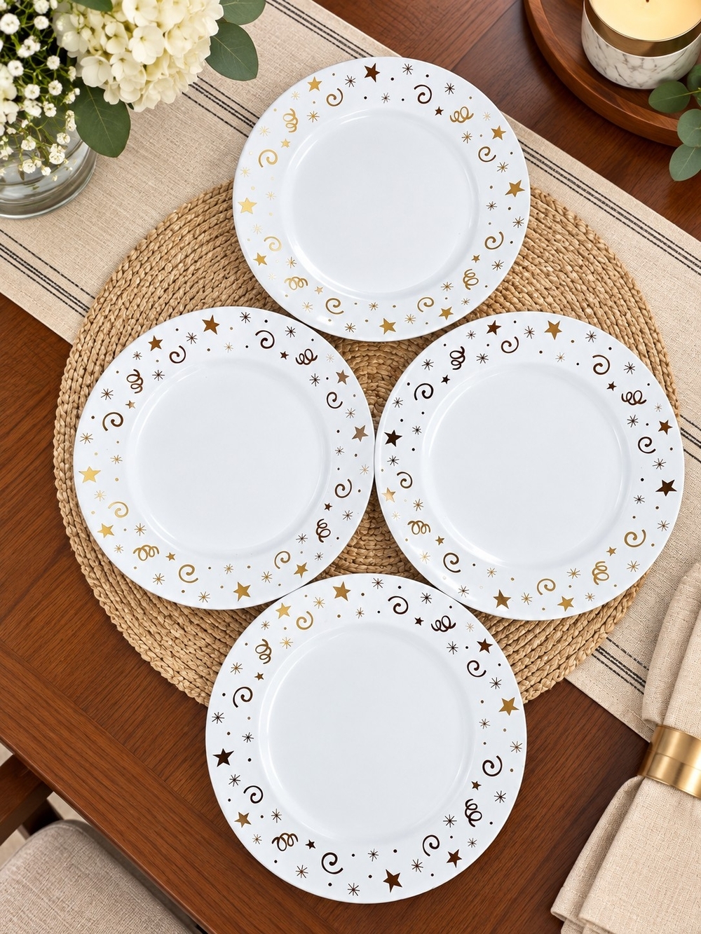 Pampered Chef White Dinner Plates with Gold and Bronze Star Accents